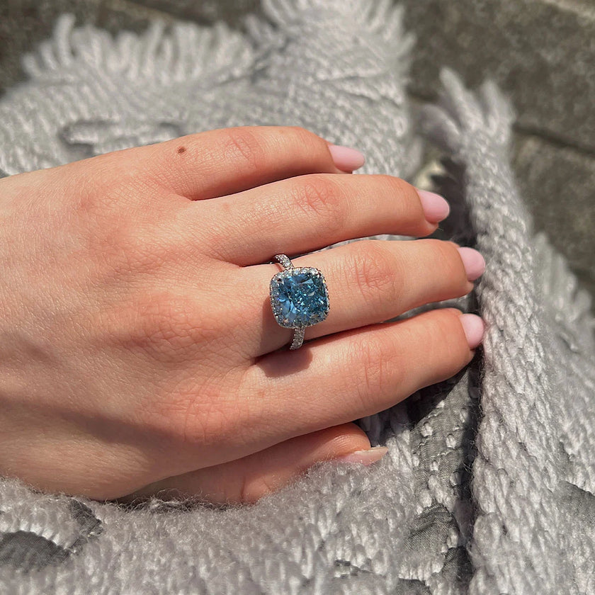 5.05 Carat Fancy Intense Blue Cushion-Cut Diamond Ring – Halo Setting in 18K White Gold