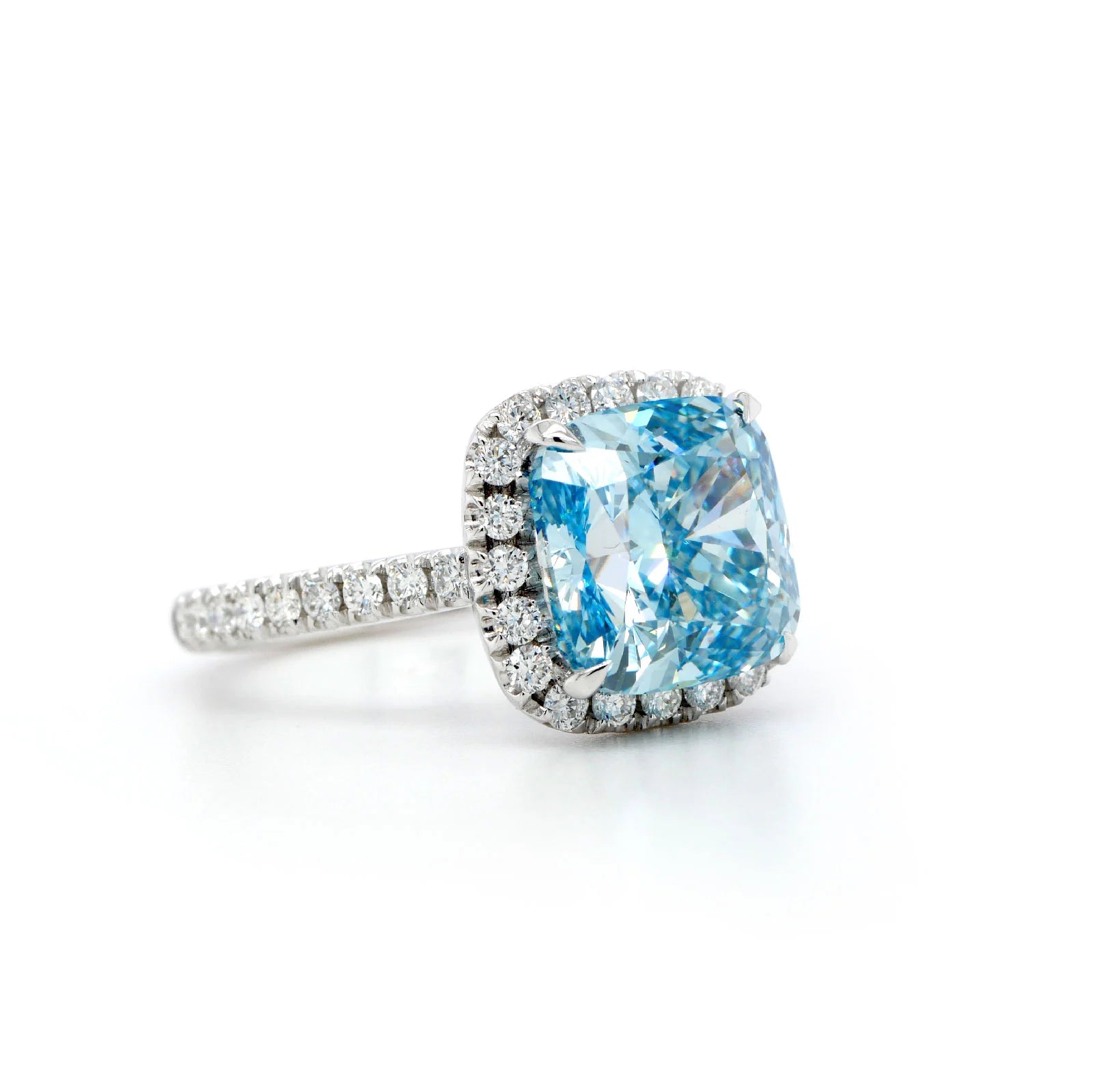 5.05 Carat Fancy Intense Blue Cushion-Cut Diamond Ring – Halo Setting in 18K White Gold