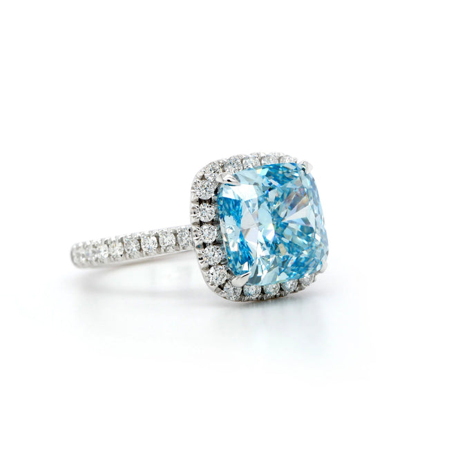 5.05 Carat Fancy Intense Blue Cushion-Cut Diamond Ring – Halo Setting in 18K White Gold