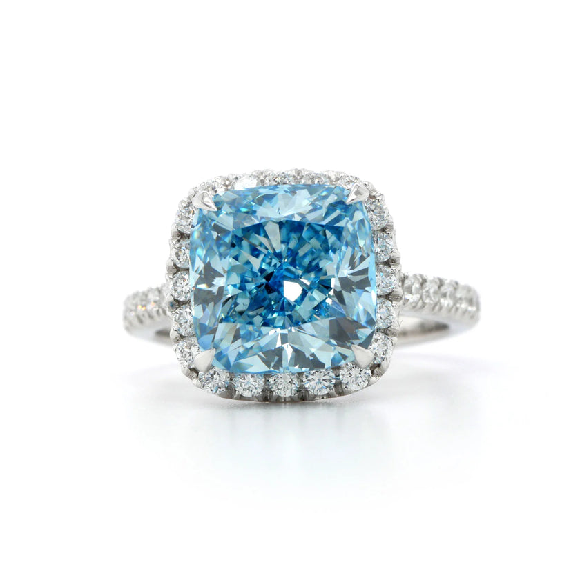 5.05 Carat Fancy Intense Blue Cushion-Cut Diamond Ring – Halo Setting in 18K White Gold