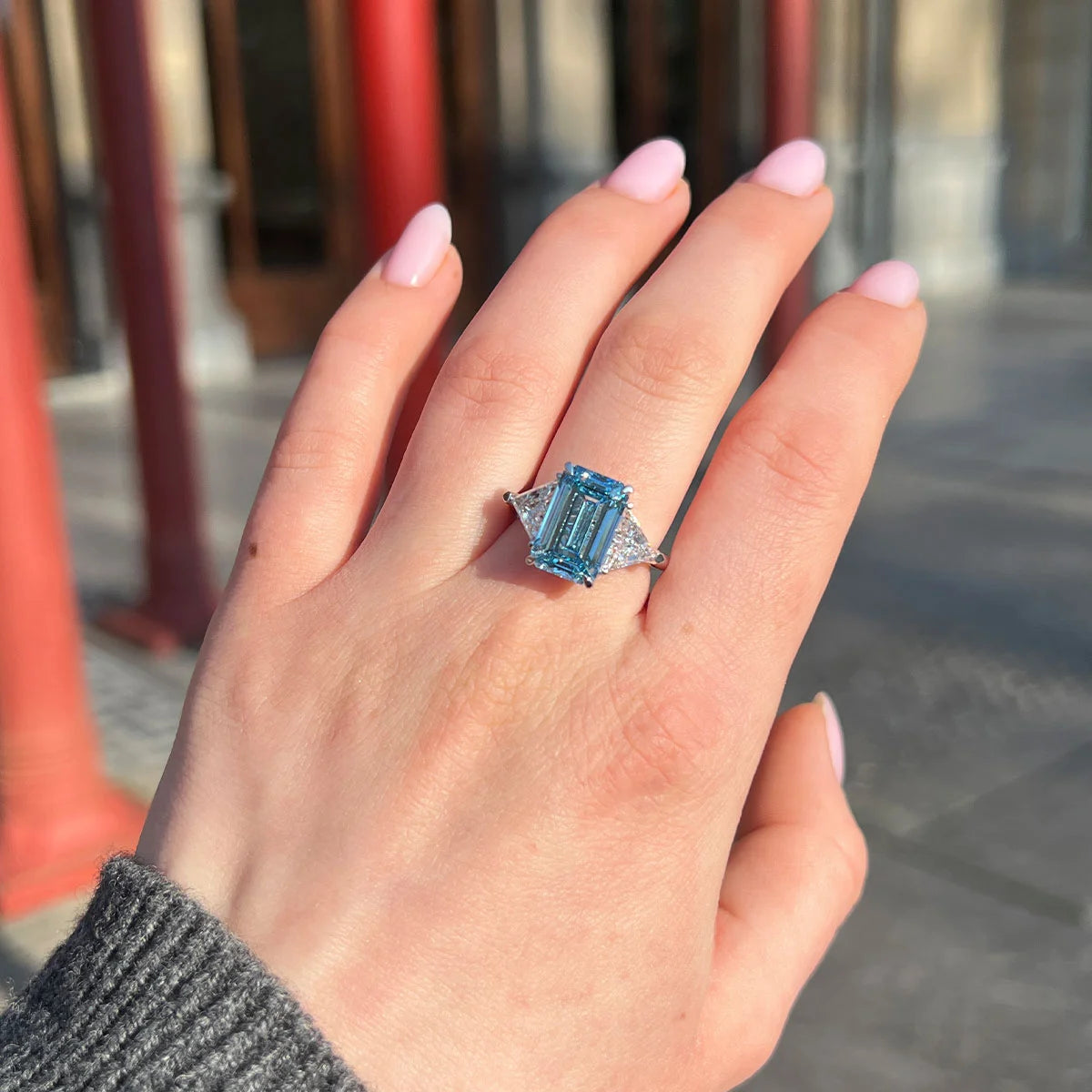 6.01 Carat Lab-Grown Fancy Intense Blue Diamond Ring – Emerald Cut IGI-certified