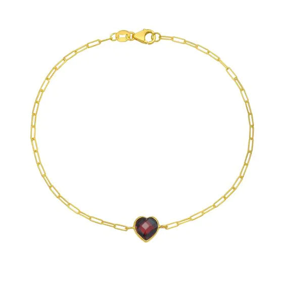 14K Gold Garnet Heart Paperclip Chain Bracelet
