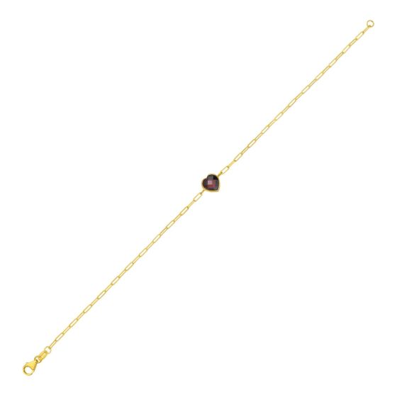 14K Gold Garnet Heart Paperclip Chain Bracelet