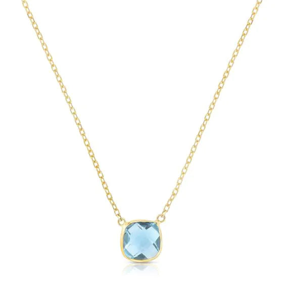 14K Gold Blue Topaz Cushion Solitaire Necklace