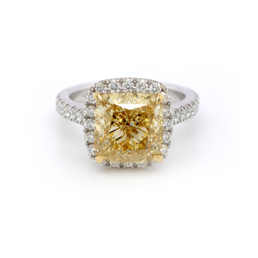 4.40 Carat Fancy Intense Yellow Cushion-Cut Lab-Grown Diamond Ring – Halo & Pavé in 18K White Gold