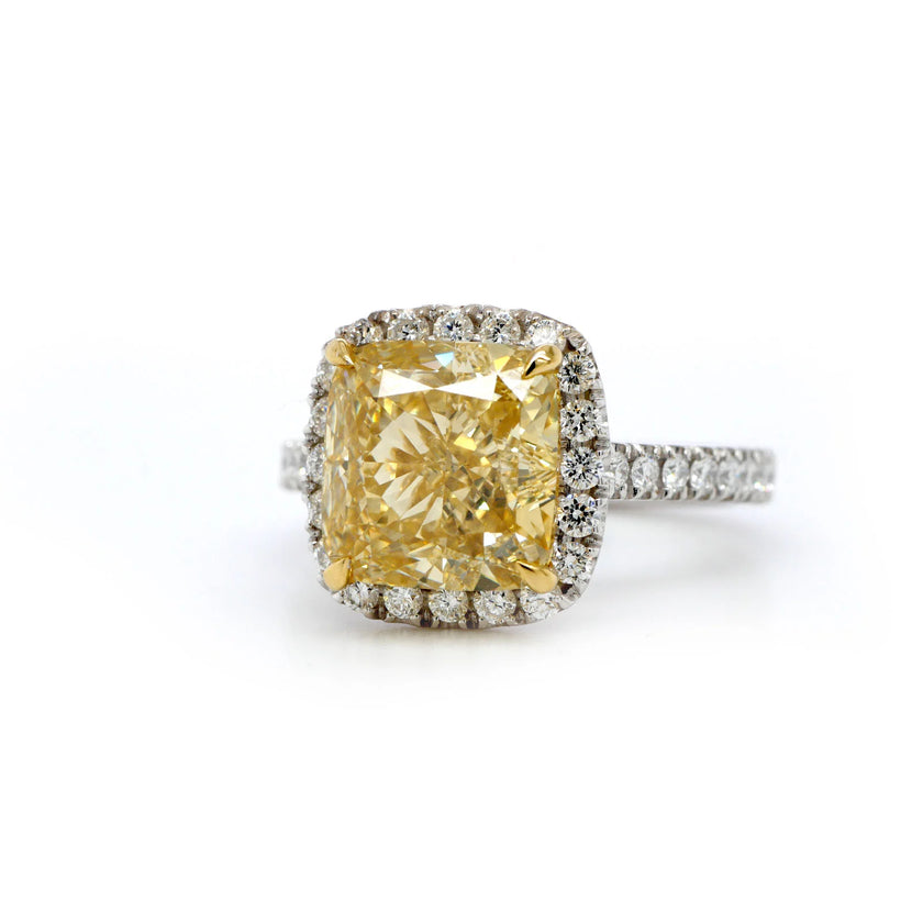 4.40 Carat Fancy Intense Yellow Cushion-Cut Lab-Grown Diamond Ring – Halo & Pavé in 18K White Gold