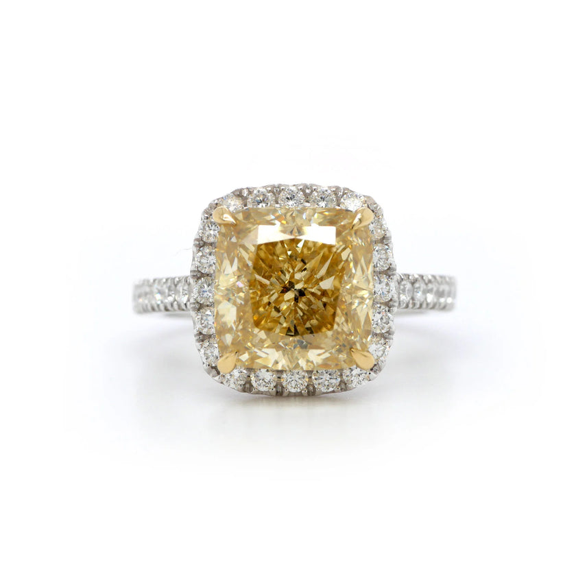 4.40 Carat Fancy Intense Yellow Cushion-Cut Lab-Grown Diamond Ring – Halo & Pavé in 18K White Gold