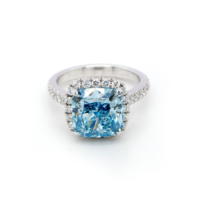 5.05 Carat Fancy Intense Blue Cushion-Cut Diamond Ring – Halo Setting in 18K White Gold