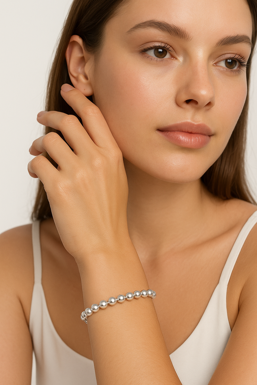 Sterling Silver 6mm Mooncut Bead Chain Bracelet - Rhodium