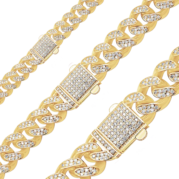 14K Yellow Gold Handmade Solid Cuban Curb Chain Necklace with Natural Diamonds