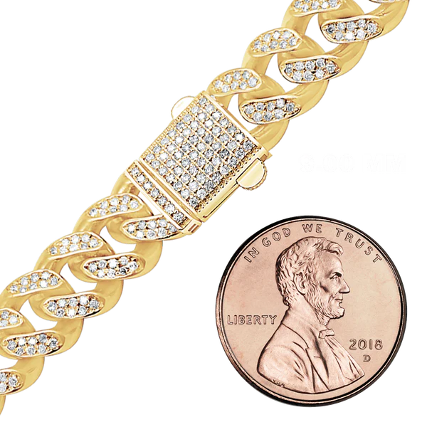 14K Yellow Gold Handmade Hollow Cuban Curb Chain Necklace with Natural Diamonds