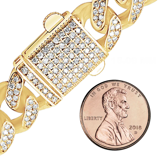 14K Yellow Gold Handmade Hollow Cuban Curb Chain Necklace with Natural Diamonds