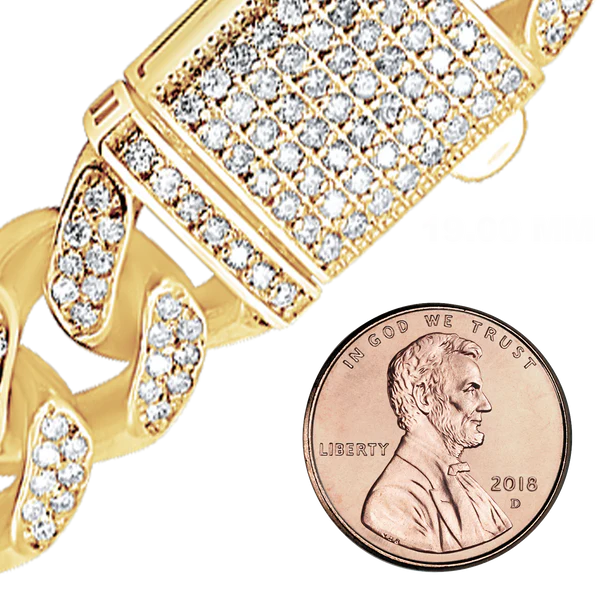 14K Yellow Gold Handmade Hollow Cuban Curb Chain Necklace with Natural Diamonds