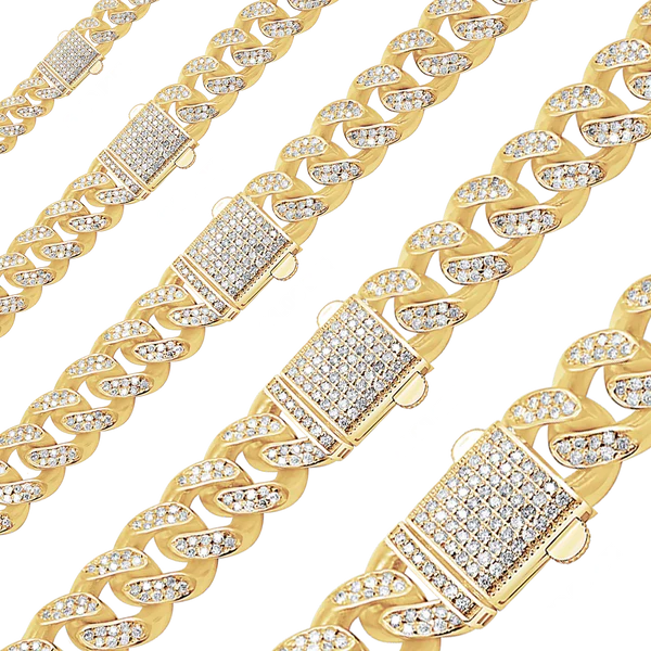 14K Yellow Gold Handmade Hollow Cuban Curb Chain Necklace with Natural Diamonds