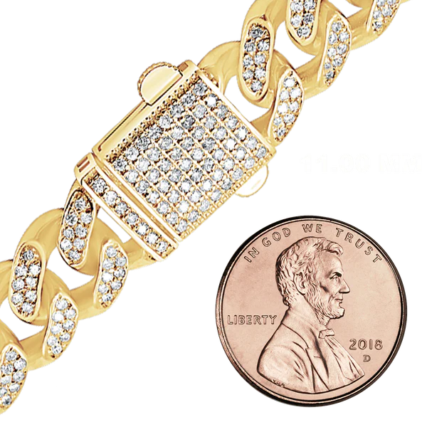 14K Yellow Gold Handmade Hollow Cuban Curb Chain Necklace with Natural Diamonds