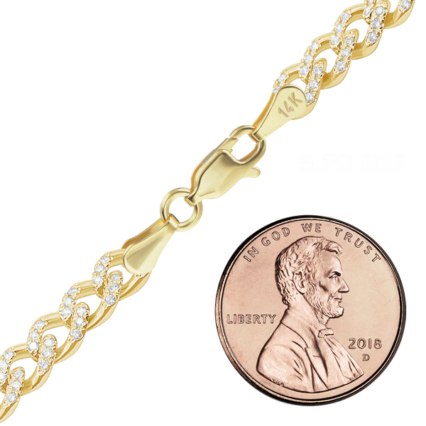 14K Yellow Gold Cuban Curb Chain Necklace with Lab Grown Pave Set Diamonds
